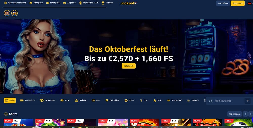 Jackpoty Casino-Startseite mit einem Oktoberfest-Banner, der bis zu 2.570 € und 1.660 Freispiele bietet, mit einer Frau in bayerischer Tracht und Bierkrügen. Die dunkle Oberfläche enthält Navigation für Slots, Live-Casino, Jackpots und heiße neue Spiele.
